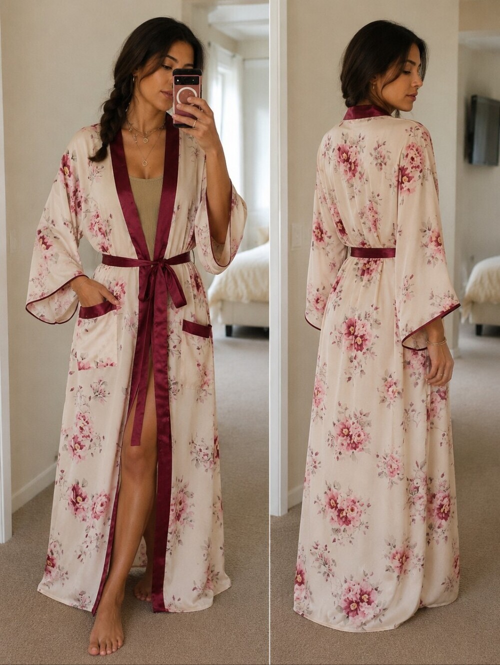 Smudj Floral Satin Trim Long Robe Large